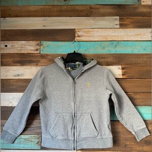 Polo Ralph Lauren Youth Grey Zip Up Hoodie Plaid Lined Yellow Pony Logo | Size L